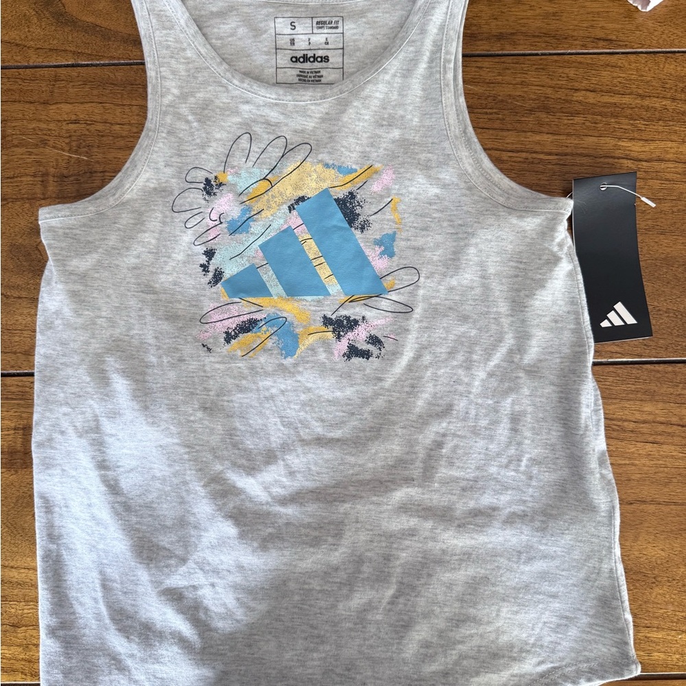 Adidas Gray and Blue Tank Top with Vibrant Graphic
